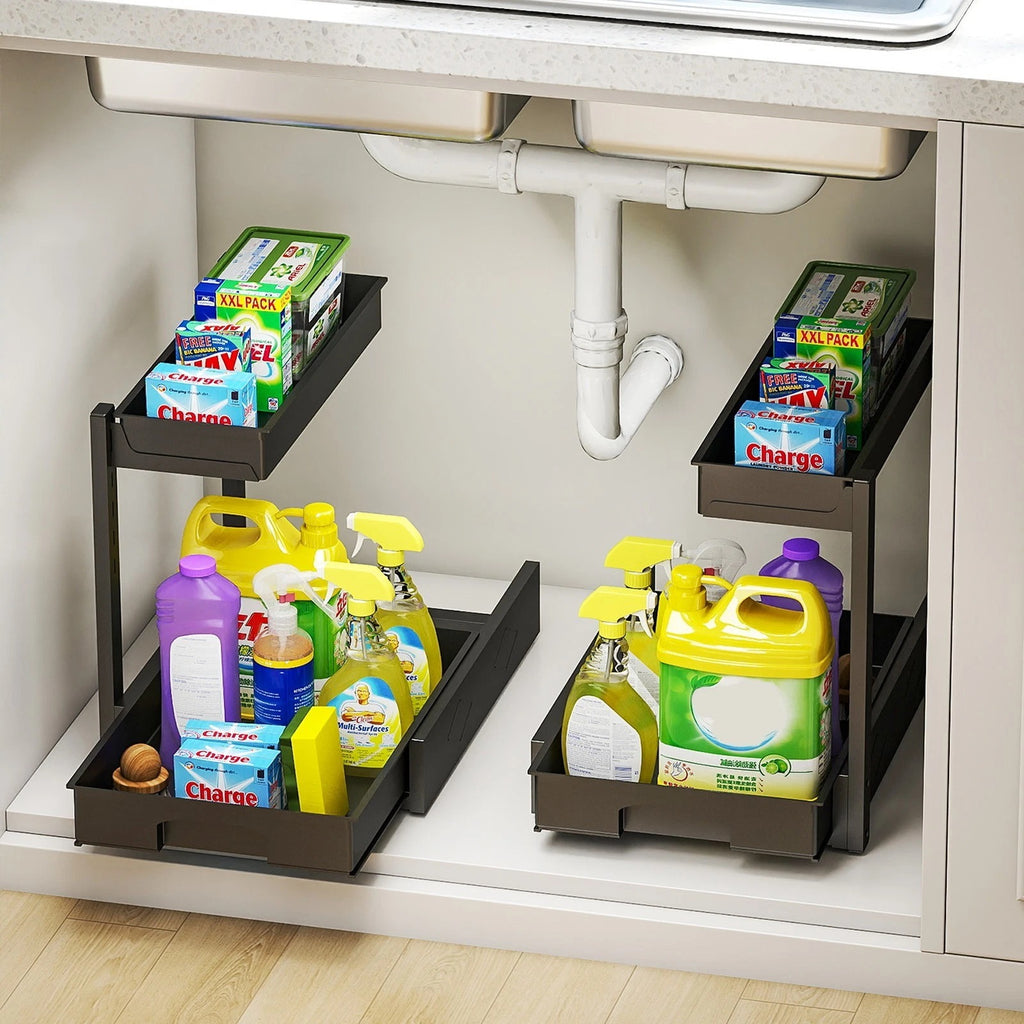 Under Sink Organizer Storage 2 Pack, 2 Tier Slide Out Height Adjustable Pull Out
