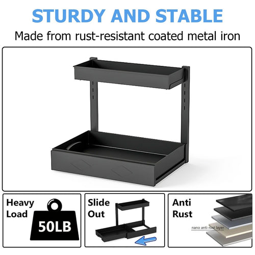 Under Sink Organizer Storage 2 Pack, 2 Tier Slide Out Height Adjustable Pull Out